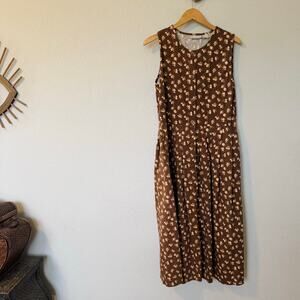 Vintage 90s Pierre Cardin cotton jumper dress pleats midi brown floral cottage M